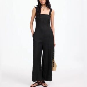MADEWELL Black Squareneck Wide-Leg Jumpsuit in 100% Linen Size 10